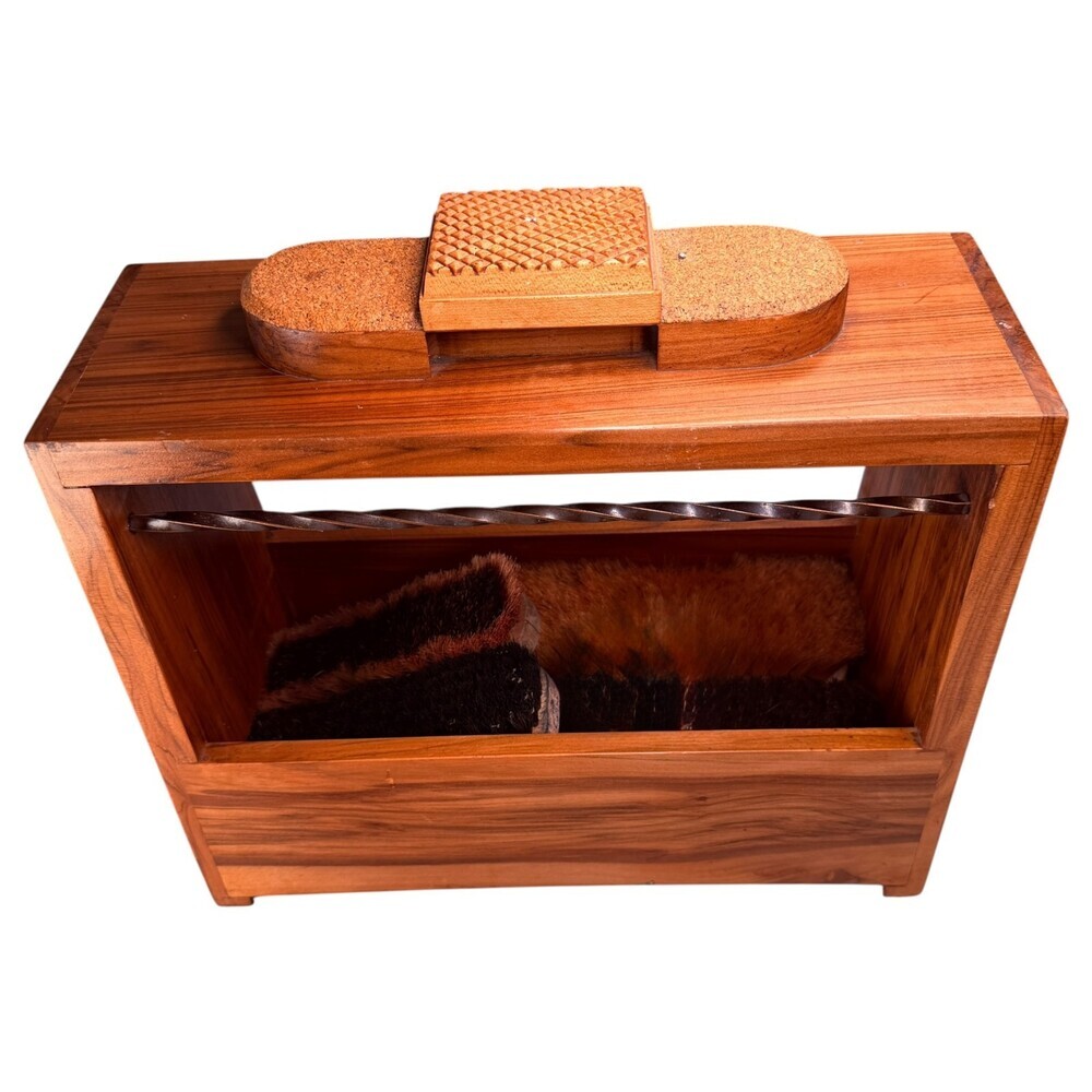 Wooden Shoe Shine Box Kit Brushes Foot Rest Storage Stand Brown VTG